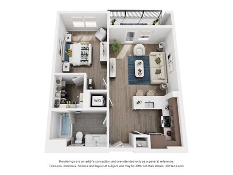 A 3D floor plan of a small apartment with a kitchen, living room, and bathroom.